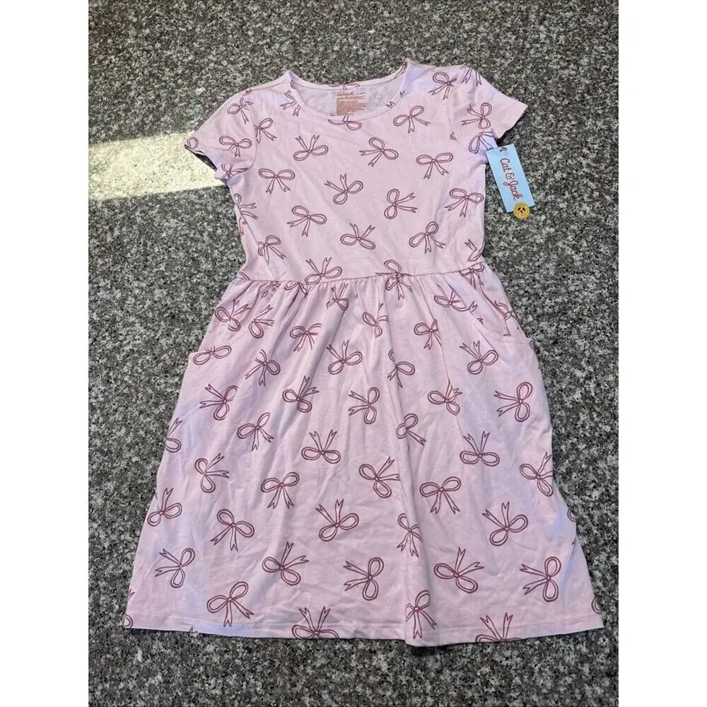 Cat & Jack Girls Pink Bow Print Fit & Flare Dress L (10/12) Short Sleeve Pockets